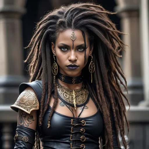 Prompt: [Feleindria or Feline, for short ]
Woman, very darky complected African, long dark auburn curly hair in dreadlocks with gold clasps, slight and athletic build, dark gothic fantasy attire, longsword, tattoos, earrings and body piercings, stretched lobes, leather gauntlets and boots, buxom, comely, if not feline,