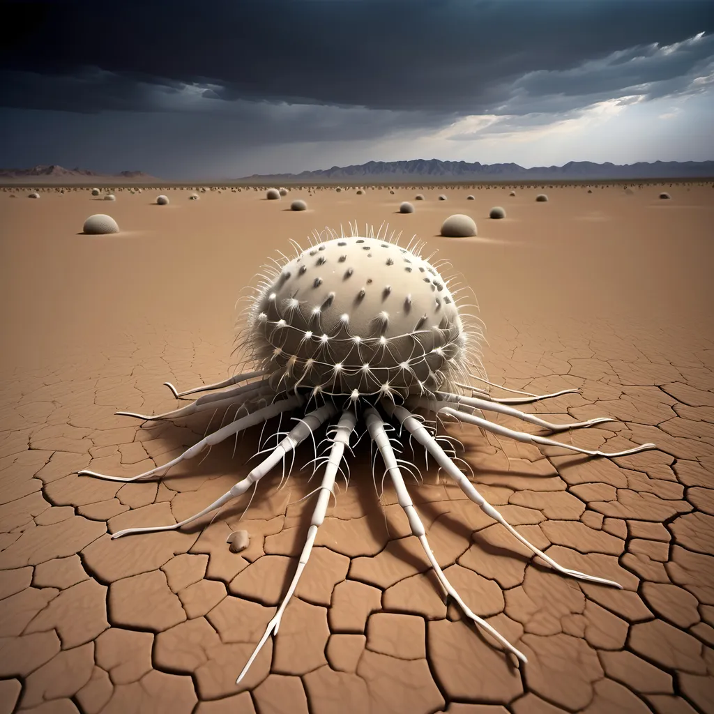 Prompt: Barren desert crawling with countless large hundred limbed insects which resemble spherical anemones, that are rolling and tumbling across the flat parched desert in search of prey, like sentient tumbleweeds, with very small circular bodies with a central toothed orifice surrounded by hundreds of long legs which all terminate it sharp points.
Dark skies.