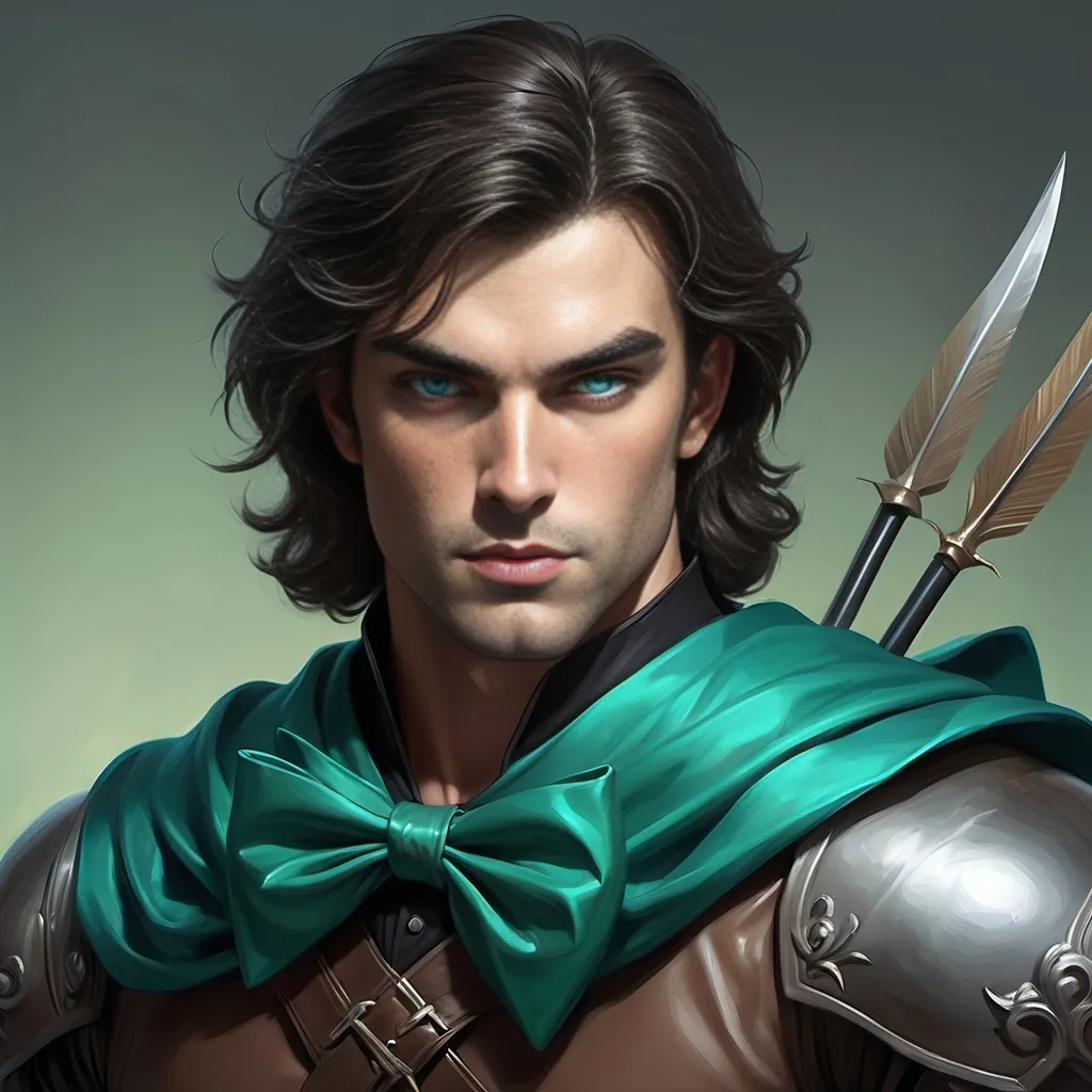 Prompt: [ Derek the Brown or Derek from Towne]
Chevalier, dark hair, pale complected, blue eyes; dressed in green, teal, and black; slight but well muscled, tall, bow & quiver on his back, piercing, attentive eyes, ultra detailed, ultra realism, darkly heroic.
(Resembles Neil Diamond)