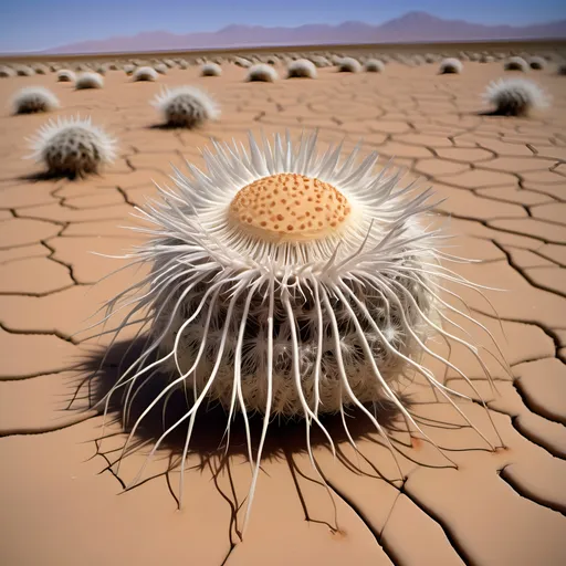 Prompt: Barren desert crawling with countless large hundred limbed insects which resemble spherical anemones, that are rolling and tumbling across the flat parched desert in search of prey, like sentient tumbleweeds, with very small circular bodies with a central toothed orifice surrounded by hundreds of long legs which all terminate it sharp points, like an ambulate sentient thistle, that uses it's thousands of long pointy legs to puncture, gorging on the blood and fluids of its prey.
Dark skies.