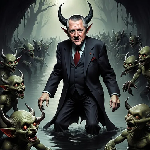 Prompt: River Styx, dark, infernal, gothic, ominous; minor Devil with horns and hooves who resembles Bill Clinton; has a chat with a goblins in ragged, ratty clothing who resembles Richard Nixon.