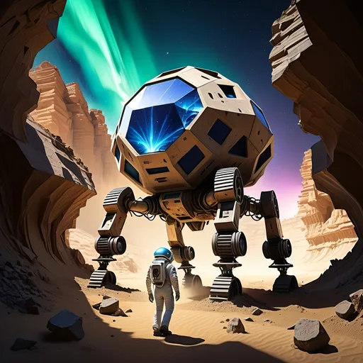 Prompt: Abandoned centuries old massive mining complex hidden in a steep and rugged walled canyon,
Collosal ancient alien statue carved from crystal and half buried in the sand,
Geodesic survival shelter with several antenna,
Vivid aurora, Meteor shower,
Humanoid robot in 8 wheeled solar powered ATV rover,
Astronaut in survival suit carrying backpack and bags, walking away from Crater,
Lightning, tornadoes, massive storm
Crater, crashed space frigate, burning debris, black smoke rising,
Yellow quartz desert, dark sky, swirling gray, green and blue clouds.
Distant mountains made entirely of amethyst crystal
High definition, maximum detail, ultra resolution, ultra realism.
Spooky ancient alien artifacts and exotic architecture 
Dark and scary, ominous