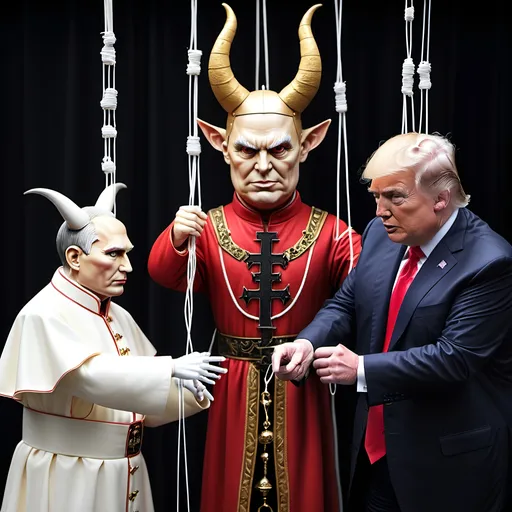 Prompt: Dark,  gothic, demonic, satanic, luciferian; a 'horned Donald Trump puppet on strings' being controlled by a 'horned satan puppet on strings' being controlled by a 'horned pope puppet on strings', being controlled by a 'horned Vladimir Putin puppet on strings', being controlled by Xi of China, who holds ALL THE STRINGS.