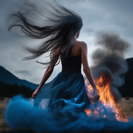 Prompt: Hair in motion, captured with long exposure photography Nikon D850 DSLR camera f/4. ISO 200, torso apparition hovering over a smouldering campfire with dark smoke swirls rising in a vortex, black hair, spilling out in the updraft and swirling in the vortex with the smoke, tattered skirt, blue skin, transparent body; night, stars and clouds in the sky.