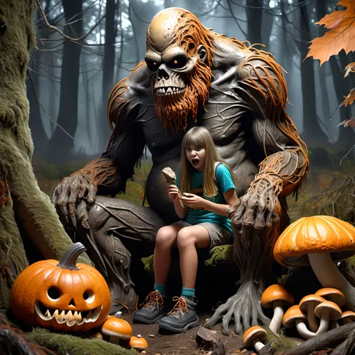 Prompt: Dark, gothic scary, foreboding, menacing, ominous, bright autumn foliage, happy Sasquatch gnawing on a large leg bone next to a girl scout seated at a campfire, in a twisted and gnarly original growth autumn forest, surrounded by twisted lichen covered roots and giant carnivorous mushrooms and large scary pumpkins with mean faces, ultra detailed, high resolution, gritty realism, boxes of Girl Scout Cookies everywhere!