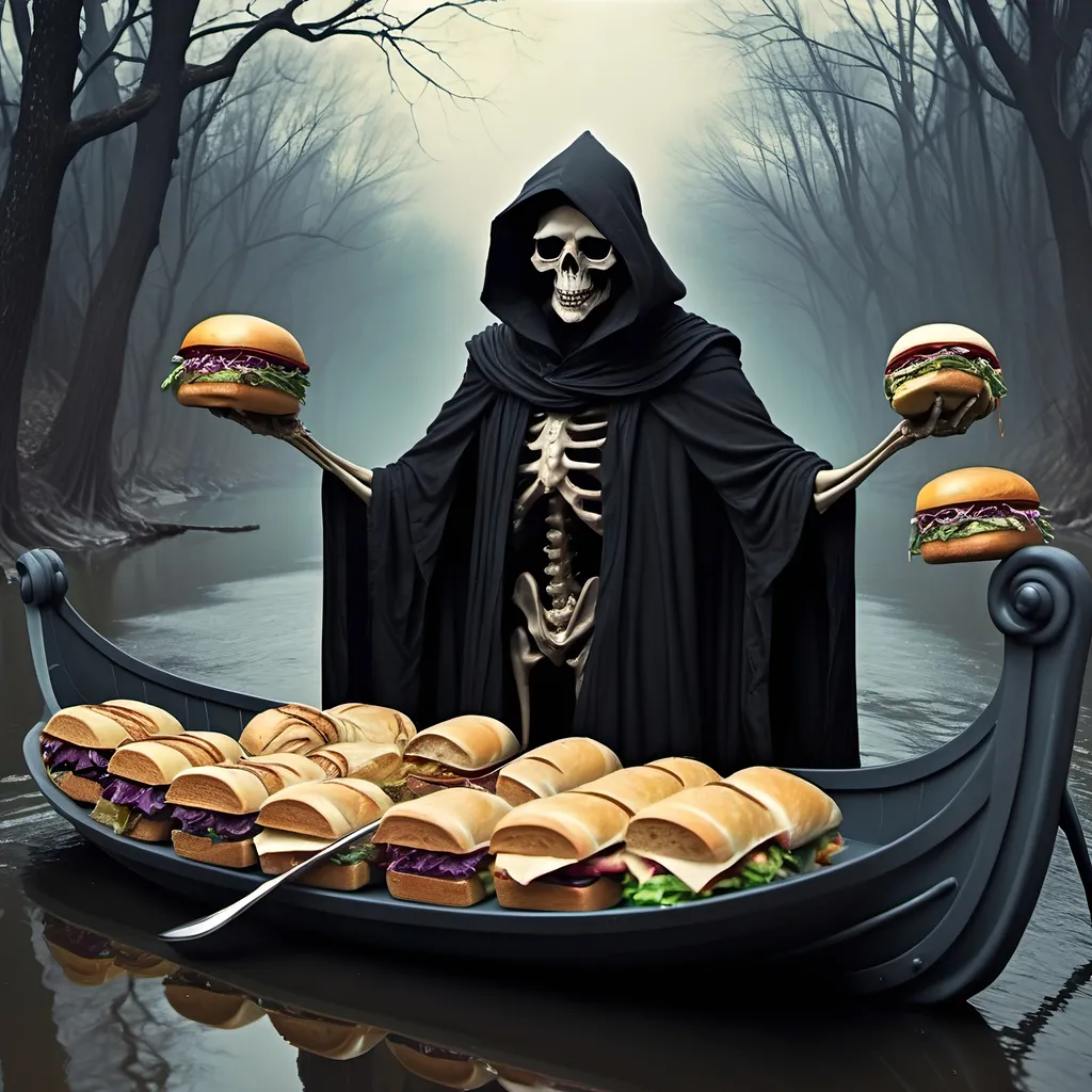 Prompt: (Dark, gothic, infernal, River Styx, Hades;) (Charon, skeletal boat master in a black robe with hood, of the river Styx); escorts a (goblin dressed in ragged dirty clothing who resembles Richard Nixon), to meet with his master on the lower planes, Charon is eating an awesome sandwich that his wife made for him for lunch, and offers a sandwich to the goblin in ratty ragged clothing who resembles Richard Nixon.
Scary, high resolution, ultra detailed, menacing, foreboding, ominous,