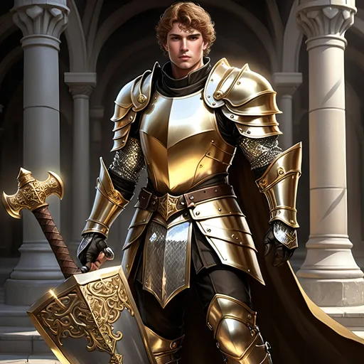 Prompt: [Armando the Golden]
Male paladin, (ultra-detailed) (ultra-realism), brown wavy short cropped hair, rosy cheeks, brown eyes, (bright silver steel breastplate) with (gold inlay and filigree), (shiny steel chainmail shirt), black boots with (sparkling shiny spurs), carrying a huge (double-ended war hammer), dramatic lighting, epic stance, medieval fantasy background, grand atmosphere, (HD quality) pompous, arrogant demeanor and stance, tall, 'broad like a barn', wide shoulders, built like a tank, iconoclastic narcissist.