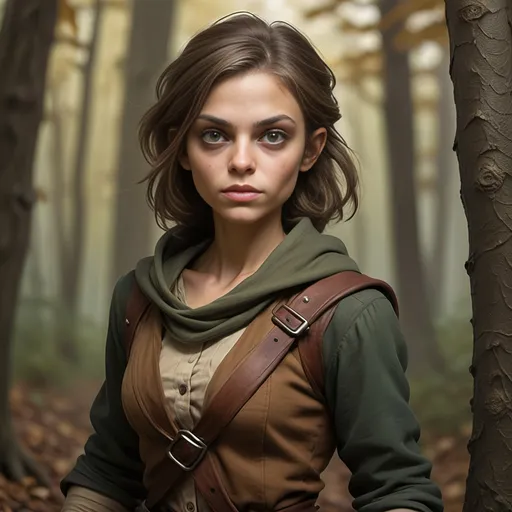 Prompt: [Jena the waif, or rogue]
In woods running from goblins,
Female HUMAN, thief, pickpocket, rogue, wee petite, delicate features, ruddy tan complexion, high brow, prominent widows peak, sandy brown shoulder length hair, hazel eyes, prominent but effeminate chin, drab ragged layers of clothing, very inconspicuous, disarming presence, hidden daggers in clothing, minimal jewelry, arm bangles, ornamental stone necklace charm, young, tomboyish, rugged, cute, ornery, fey demeanor, lucky and confident, running from goblins in gnarly twisted forest of old oaks and lichen covered twisted roots, dark, gothic, fantasy, ultra detail, ultra realism