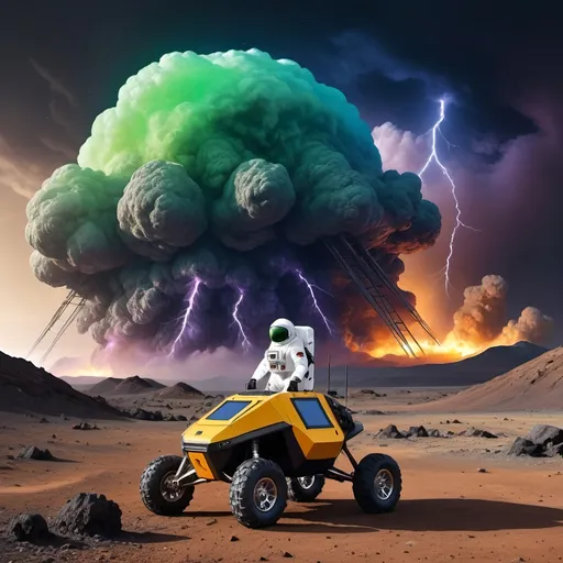 Prompt: Geodesic survival shelter with several antenna,
Vivid aurora, Meteor shower,
Humanoid robot in 8 wheeled solar powered ATV rover,
Astronaut in survival suit carrying backpack and bags, walking away from Crater,
Lightning, tornadoes, massive storm
Crater, crashed space frigate, burning debris, black smoke rising,
Yellow quartz desert, dark sky, swirling gray, green and blue clouds.
Distant mountains made entirely of amethyst crystal