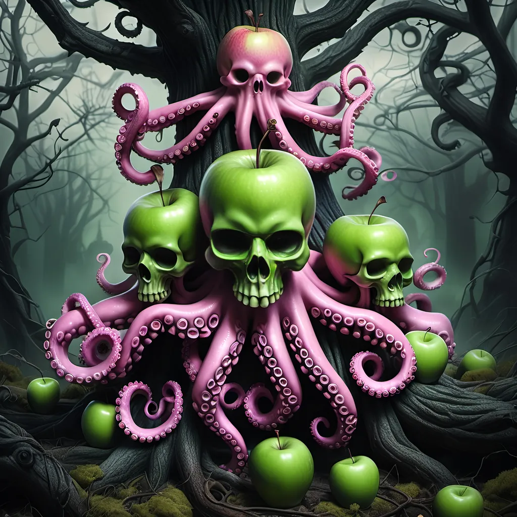 Prompt: Green apples, pink octopus tentacles, skulls, growing on twisted gnarly creepy tree, in dark haunted gothic forest