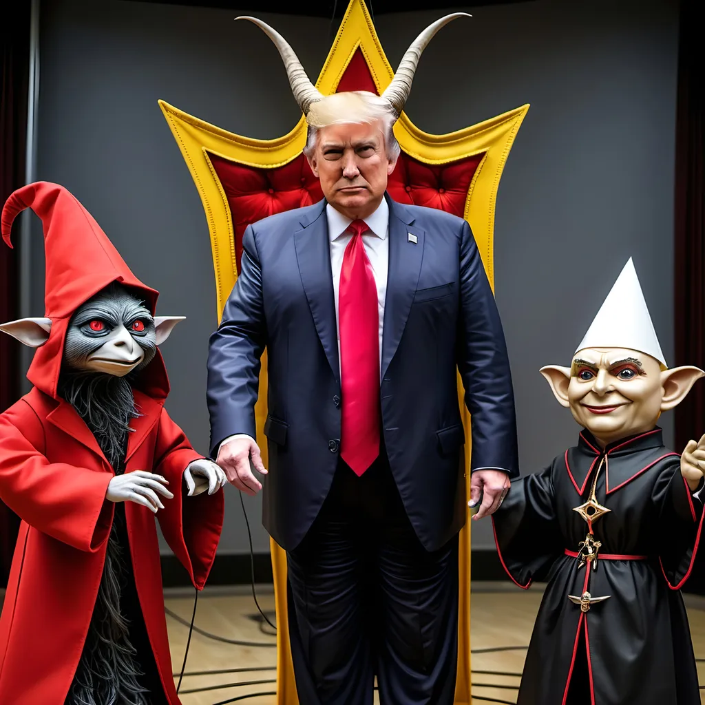 Prompt: Dark,  gothic, demonic, satanic, luciferian; a 'horned Donald Trump puppet on strings' being controlled by a 'horned satan puppet on strings' being controlled by a 'horned pope puppet on strings', being controlled by a 'horned Vladimir Putin puppet on strings', being controlled by Xi of China, who holds ALL THE STRINGS.
Flying Monkeys from Wizard of Oz