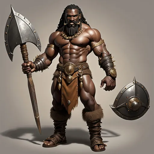 Prompt: [ Grugor the Barbarian ]
Male Barbarian, dark complected African, large moustache, long beard, slight build but well muscled and wiry, agile, horned steel helmet with noseguard, dreadlocks with gold clasps, covered with tribal tattoos, gold earrings, stretched lobes, tall, black leather greaves and spiked gauntlets, brown leather boots with fur fringe at top, gothic, fantasy, longsword and daggers, ultra realism, ultra detail, high definition, friendly but determined expression, intimidating but not menacing, tall and skinny, in Tudor style taverne background,