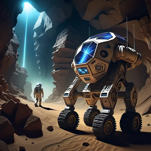 Prompt: Abandoned centuries old massive mining complex hidden in a steep and rugged walled canyon,
Collosal ancient alien statue carved from crystal and half buried in the sand,
Geodesic survival shelter with several antenna,
Vivid aurora, Meteor shower,
Humanoid robot in 8 wheeled solar powered ATV rover,
Astronaut in survival suit carrying backpack and bags, walking away from Crater,
Lightning, tornadoes, massive storm
Crater, crashed space frigate, burning debris, black smoke rising,
Yellow quartz desert, dark sky, swirling gray, green and blue clouds.
Distant mountains made entirely of amethyst crystal
High definition, maximum detail, ultra resolution, ultra realism.
Spooky ancient alien artifacts and exotic architecture