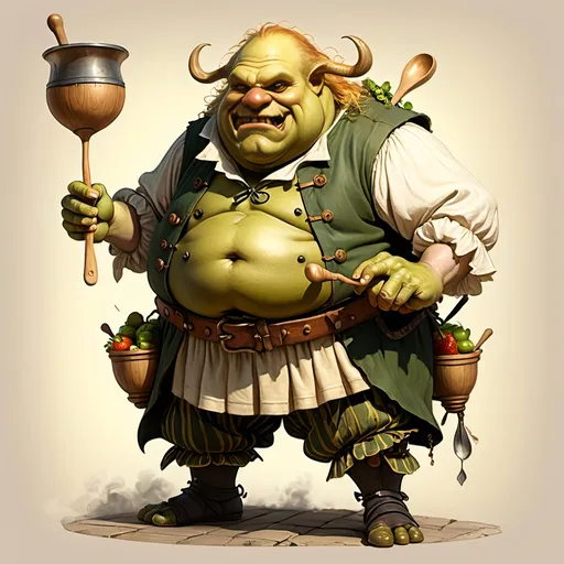 Prompt: An ogre Chef, dressed in Renaissance garb with ballooning slit sleeves and pantaloons, quartered dart yellow & green , carrying a belt encumbered with several wooden spoons and copper ladles and bowls made of bone, and goblets made of skulls, one nostril in his nose, 
Strawberry blonde hair, and fierce expression on his face