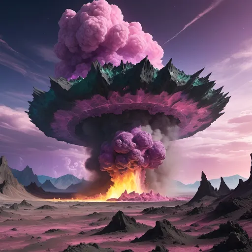 Prompt: Crater, crashed space frigate, burning debris, black smoke rising,
Yellow quartz desert, pink sky, swirling gray, green and blue clouds.
Distant mountains made entirely of amethyst crystal