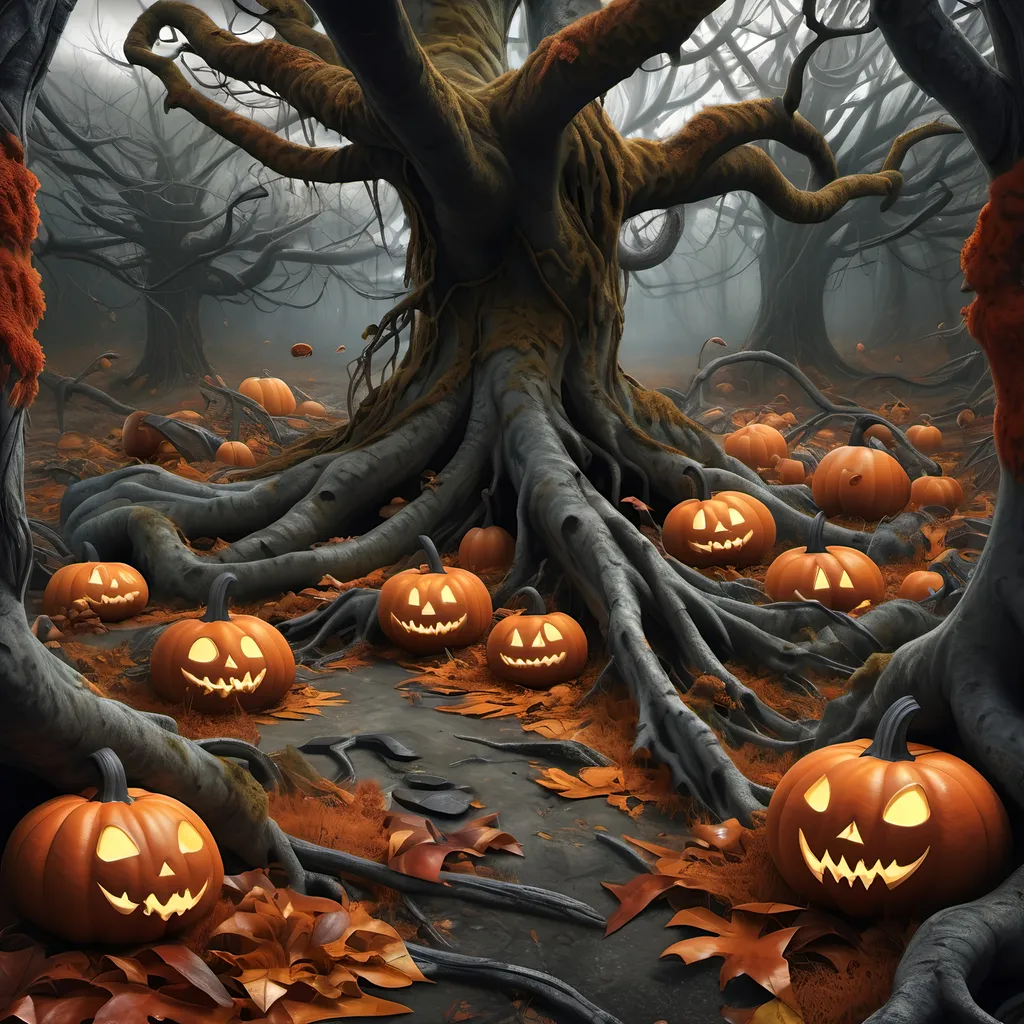 Prompt: Dark, gothic scary, foreboding, menacing, ominous, bright autumn foliage, carpet of brightly colored fallen foliage on the ground, in a twisted and gnarly original growth autumn forest, surrounded by twisted lichen covered roots and Spanish moss hanging from twisted tree limbs and mushrooms and large scary pumpkins with mean faces, ultra detailed, high resolution, gritty realism, boxes of Girl Scout Cookies everywhere.