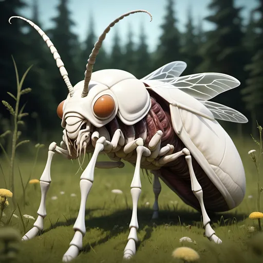 Prompt: In a meadow, a giant mutated monstrous frightful bloated white insect larva with a huge sword like proboscis feeds on a horse carcass,