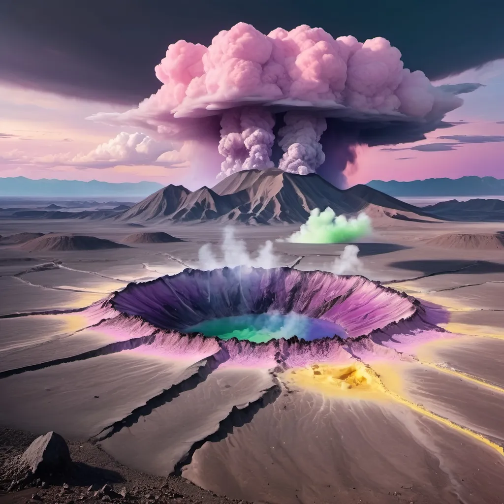 Prompt: Crater, black smoke rising,
Yellow quartz desert, pink sky, swirling gray, green and blue clouds.
Distant mountains made entirely of amethyst crystal