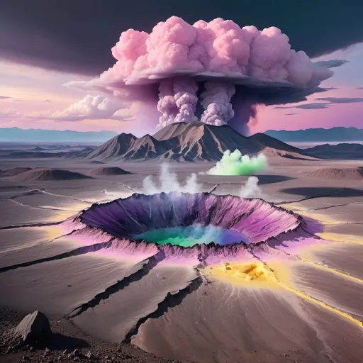 Prompt: Crater, black smoke rising,
Yellow quartz desert, pink sky, swirling gray, green and blue clouds.
Distant mountains made entirely of amethyst crystal