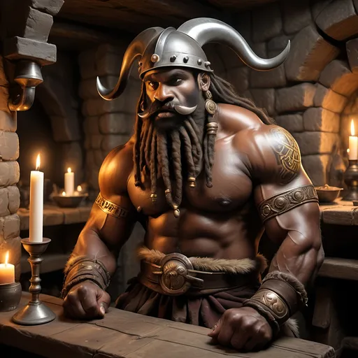 Prompt: [ Grugor the Barbarian ]
In medieval Taverne, lit by candles in wall sconces, stone walls,
Male Barbarian, dark complected African, large moustache, long beard, slight build but well muscled and wiry, agile, horned steel helmet with noseguard, dreadlocks with gold clasps, covered with tribal tattoos, gold earrings, stretched lobes, tall, black leather greaves and spiked gauntlets, brown leather boots with fur fringe at top, gothic, fantasy, longsword and daggers, ultra realism, ultra detail, high definition, friendly but determined expression, intimidating but not menacing, tall and skinny, in Tudor style taverne background,