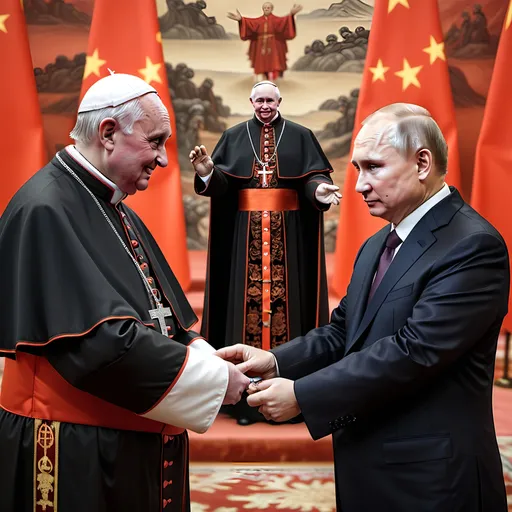 Prompt: Dark and gothic, a 'satan puppet' being controlled by a 'pope puppet', being controlled by a 'Vladimir Putin puppet', being controlled by Xi of China, who hold ALL THE STRINGS.