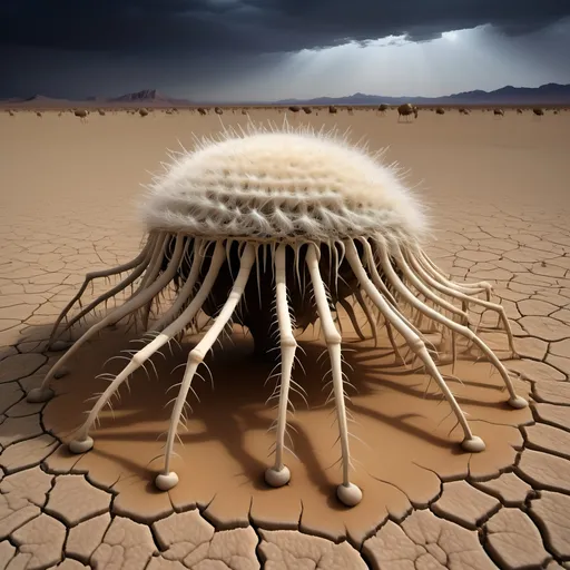 Prompt: Barren desert crawling with countless large hundred limbed insects which resemble spherical anemones, that are rolling and tumbling across the flat parched desert in search of prey, like sentient tumbleweeds, with very small circular bodies with a central toothed orifice surrounded by hundreds of long legs which all terminate it sharp points.
Dark skies.