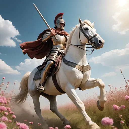 Prompt: General Moses Cleaveland (as an ancient Greek General), wearing (bronze armor) with a (brush top helmet), majestically riding a (white horse), leading a (column of infantry) carrying (swords, spears, shields). Surrounding a (flowering meadow), with (clouds of dust) kicked up from the march, bathed in (afternoon sunshine), creating a vibrant and dramatic scene. The image should be (4K), capturing high detail and cinematic quality.