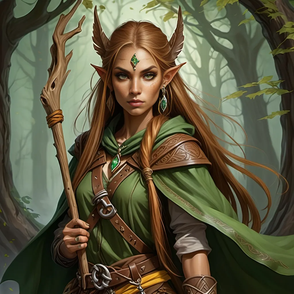 Prompt: Woman, female half elf, sorceress, ruddy medium complexion, light brown long straight hair, bound with multiple clasps in a really long pony tail; jewelry, earrings, tattoos of sacred runes, golden brown eyes, holding gnarled staff of bleached wood with a gem set into the top, leaf green cloak and hood, brown belt and pouches, brown boots, dagger and wand secured to belt, tan leather corset, highest resolution, gothic, fantasy, ultra detail, ultra realism, dark wood of ancient gnarled trees in background