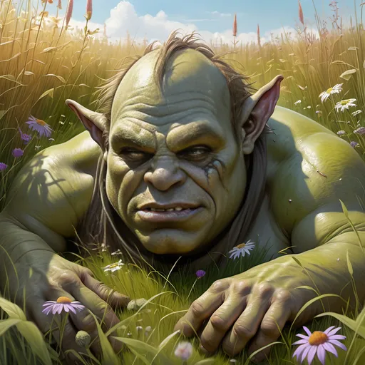 Prompt: A dead acephelous ogre, laying on his back in a meadow of tall grasses and wildflowers, gothic, fantasy, ultra realism, ultra detail, bright sunshine,