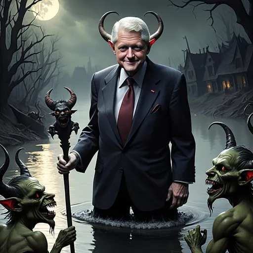 Prompt: River Styx, dark, infernal, gothic, ominous; minor Devil with horns and hooves who resembles Bill Clinton; has a chat with a goblins in ragged, ratty clothing who resembles Richard Nixon.