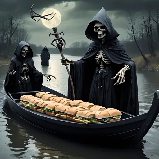 Prompt: (Dark, gothic, infernal, River Styx, Hades;) (Charon, skeletal boat master in a black robe with hood, of the river Styx); escorts a (goblin dressed in ragged dirty clothing who resembles Richard Nixon), to meet with his master on the lower planes, Charon is eating an awesome sandwich that his wife made for him for lunch, and offers a sandwich to the goblin in ratty ragged clothing who resembles Richard Nixon.
Scary, high resolution, ultra detailed, menacing, foreboding, ominous,