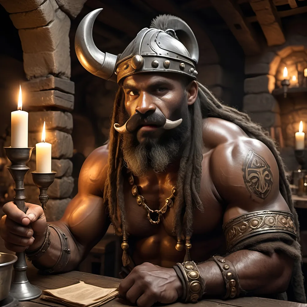 Prompt: [ Grugor the Barbarian ]
In medieval Taverne, lit by candles in wall sconces, stone walls,
Male Barbarian, dark complected African, large moustache, long beard, slight build but well muscled and wiry, agile, horned steel helmet with noseguard, dreadlocks with gold clasps, covered with tribal tattoos, gold earrings, stretched lobes, tall, black leather greaves and spiked gauntlets, brown leather boots with fur fringe at top, gothic, fantasy, longsword and daggers, ultra realism, ultra detail, high definition, friendly but determined expression, intimidating but not menacing, tall and skinny, in Tudor style taverne background,