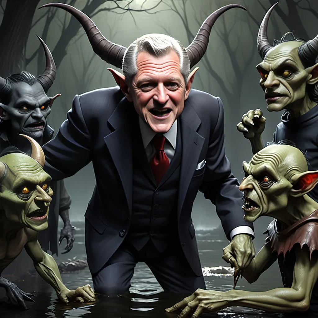 Prompt: River Styx, dark, infernal, gothic, ominous; minor Devil with horns and hooves who resembles Bill Clinton; has a chat with a goblins in ragged, ratty clothing who resembles Richard Nixon.
Ultra detail, ultra realistic.