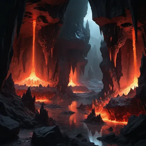 Prompt: Dark cavern, classic fantasy atmosphere, massive chamber lit by distant magma, two young Black Dragons hatchlings voraciously devour their siblings as they hatch from their clutch of seven eggs, stalagmites, columns, stalagtites, soda straws, a crystal formations erupting from the walls, floor, & ceiling, which is so high up it can barely be viewed, the dim red glow of the distant magma reflects from the various facets of the crystal formations as it passes through the steam vents billowing up from below.