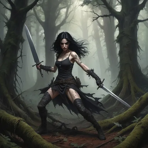 Prompt: [A raven haired, pale complected heroic gothic female person is lunging with a long sword in her right hand and a dagger reversed in her left] she is lunging at a goblin in ragged dirty clothing who is threatening her with a rusty dagger.
They are in a dark and shadowy original growth forest, with twisted gnarly hemlock trees and twisted gnarly lichen covered roots everywhere, beneath an overgrown misty forest canopy,