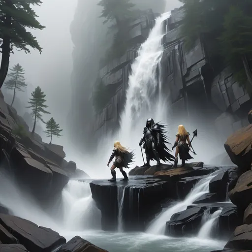 Prompt: Top of a misty torrential waterfall looking down  a rugged, rocky cliff into a turbulent pool of rocks, mist and spray. Dark, gnarly original growth hemlock trees.
A blonde human female in chainmail and a horned helmet, a raven haired human female clad in black, a male halfling, a female halfling, a brown haired female half elf, and a goblin, are all climbing the rocks.