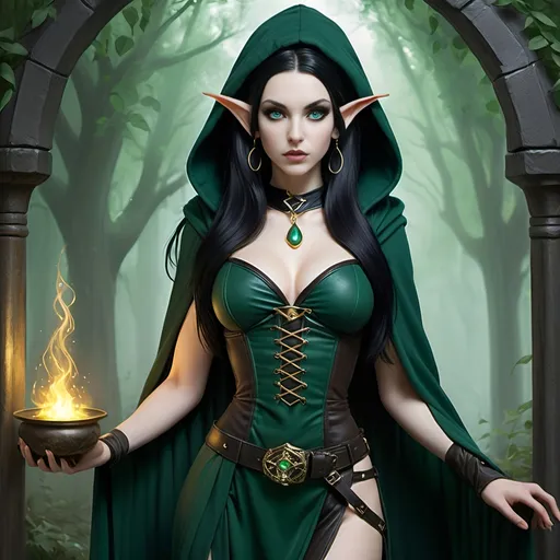 Prompt: [ Jade the Elf Sorceress ]
Woman, petite, slight, pale skin, elven ears, vivid green eyes, long straight waist-length black hair, 5 feet tall, slender, dark teal hooded robe, dark green dress, black leather corset, brown belt, sorceress, gold earrings and jewelry, tan pouches and bundles at waist, gothic, fantasy, high definition, ultra detail, ultra realism, gnarled ancient forest in background, obscured by mists