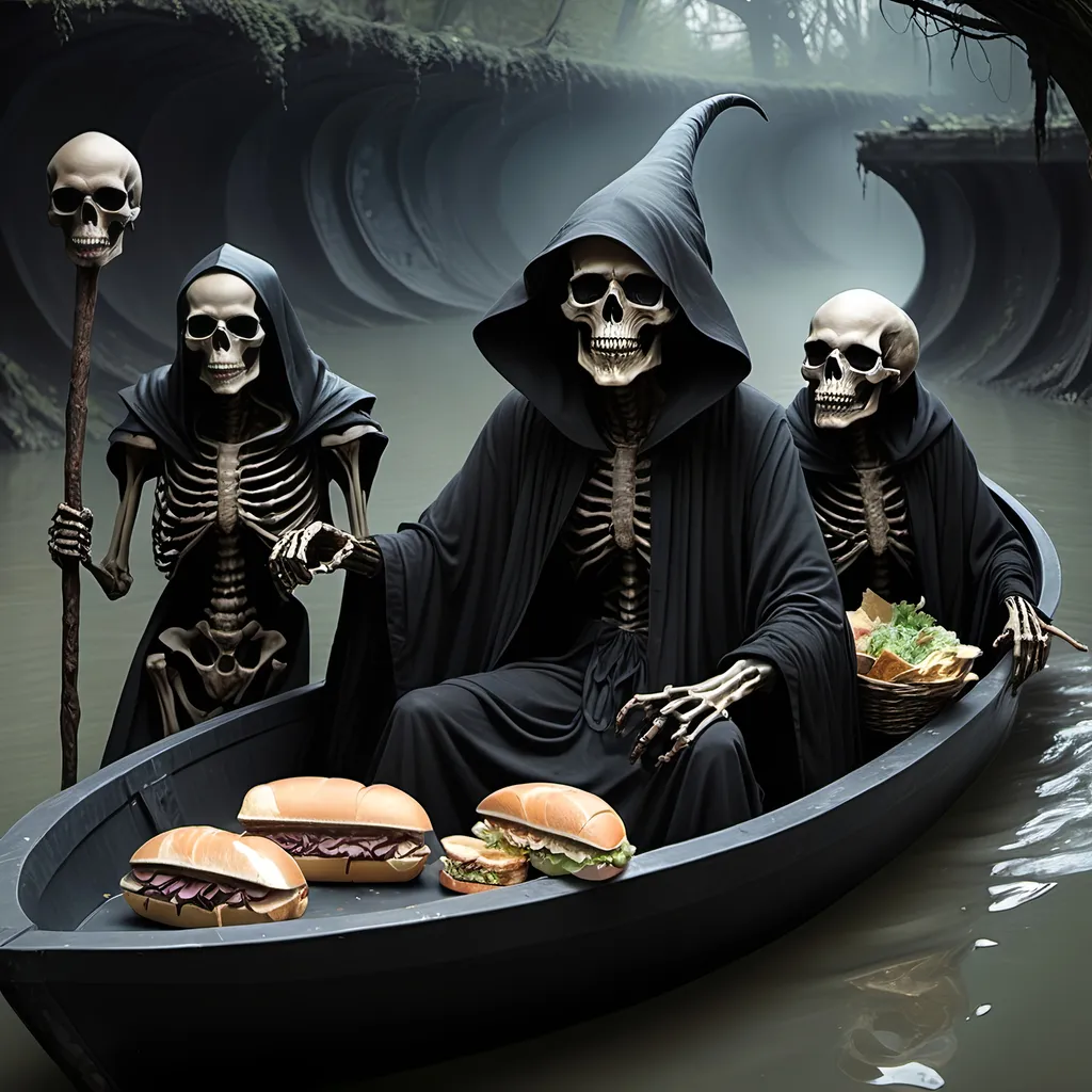 Prompt: (Dark, gothic, infernal, River Styx, Hades;) (Charon, skeletal boat master in a black robe with hood, of the river Styx); escorts a (goblin dressed in ragged dirty clothing who resembles Richard Nixon), to meet with his master on the lower planes, Charon is eating an awesome sandwich that his wife made for him for lunch, and offers a sandwich to the goblin in ratty ragged clothing who resembles Richard Nixon.
Scary, high resolution, ultra detailed, menacing, foreboding, ominous,