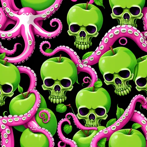 Prompt: Green apples, pink octopus tentacles, skulls.