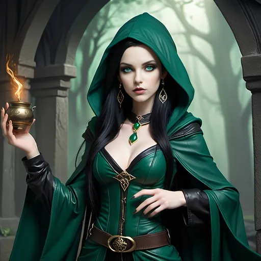 Prompt: [ Jade the Elf Sorceress ]
Woman, petite, slight, pale skin, elven ears, vivid green eyes, long straight waist-length black hair, 5 feet tall, slender, dark teal hooded robe, dark green dress, black leather corset, brown belt, sorceress, gold earrings and jewelry, tan pouches and bundles at waist, gothic, fantasy, high definition, ultra detail, ultra realism, gnarled ancient forest in background, obscured by mists