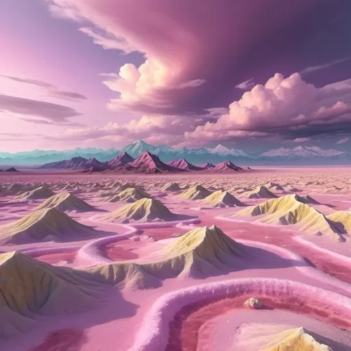 Prompt: Yellow quartz desert under a pink sky with swirling gray, green and blue clouds in it.
Distant mountains made entirely of amethyst crystal