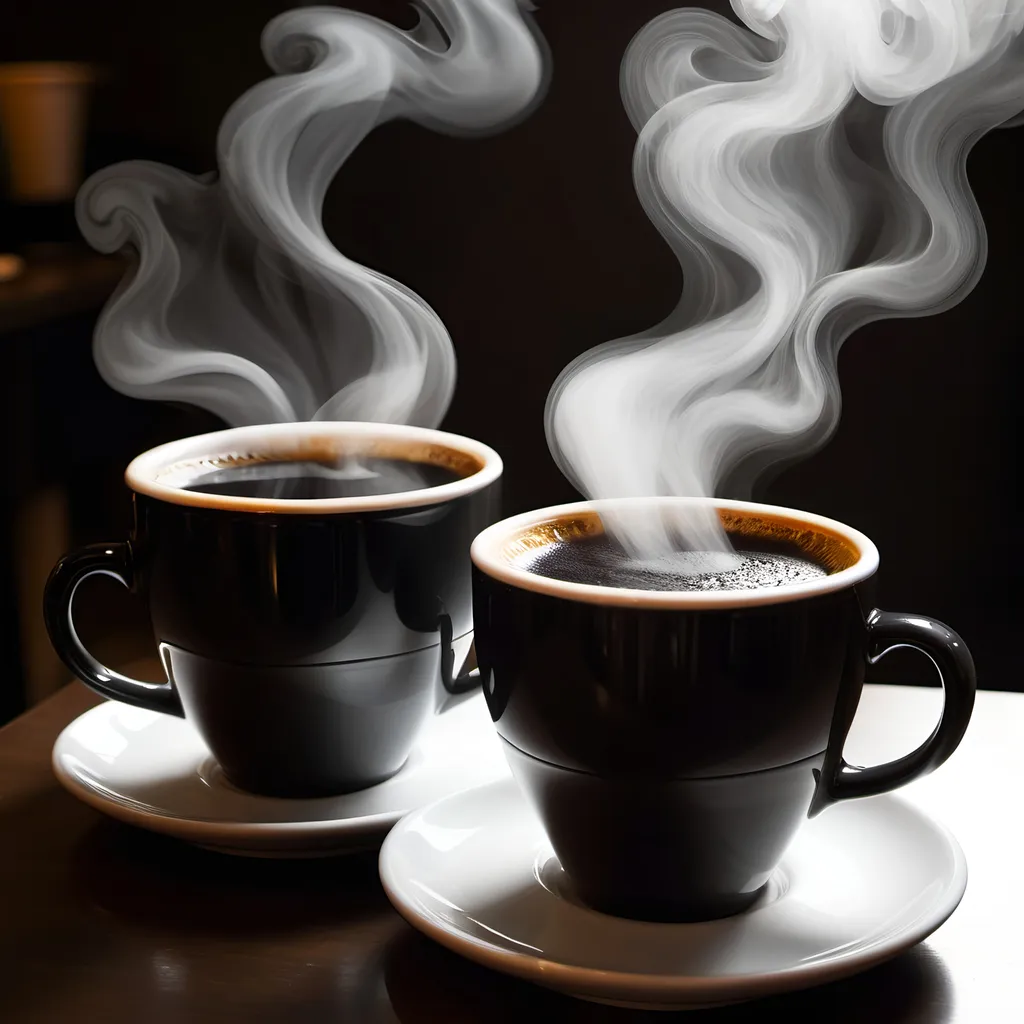 Prompt: Two very large steaming cup of black coffee