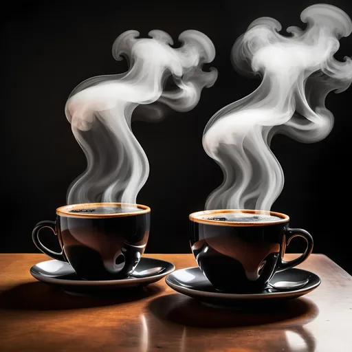 Prompt: Two very large steaming cup of black coffee