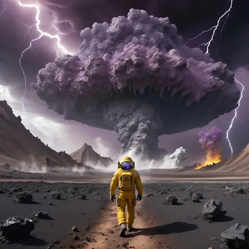 Prompt: Distant astronaut in survival suit carrying backpack and bags, walking away from Crater,
Lightning, tornadoes, massive storm
Crater, crashed space frigate, burning debris, black smoke rising,
Yellow quartz desert, dark sky, swirling gray, green and blue clouds.
Distant mountains made entirely of amethyst crystal