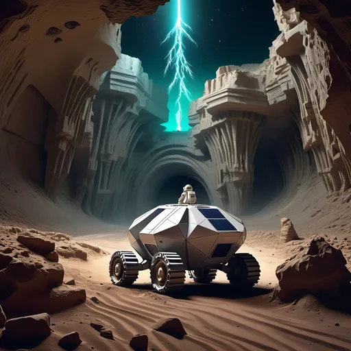 Prompt: Abandoned centuries old massive mining complex hidden in a steep and rugged walled canyon,
Collosal ancient alien statue carved from crystal and half buried in the sand,
Geodesic survival shelter with several antenna,
Vivid aurora, Meteor shower,
Humanoid robot in 8 wheeled solar powered ATV rover,
Astronaut in survival suit carrying backpack and bags, walking away from Crater,
Lightning, tornadoes, massive storm
Crater, crashed space frigate, burning debris, black smoke rising,
Yellow quartz desert, dark sky, swirling gray, green and blue clouds.
Distant mountains made entirely of amethyst crystal
High definition, maximum detail, ultra resolution, ultra realism.
Spooky ancient alien artifacts and exotic ancient megalithic ominous and colossal biomechanical architecture;
Dark and scary, ominous, morbid, and foreboding,
Crashed starship graveyard.