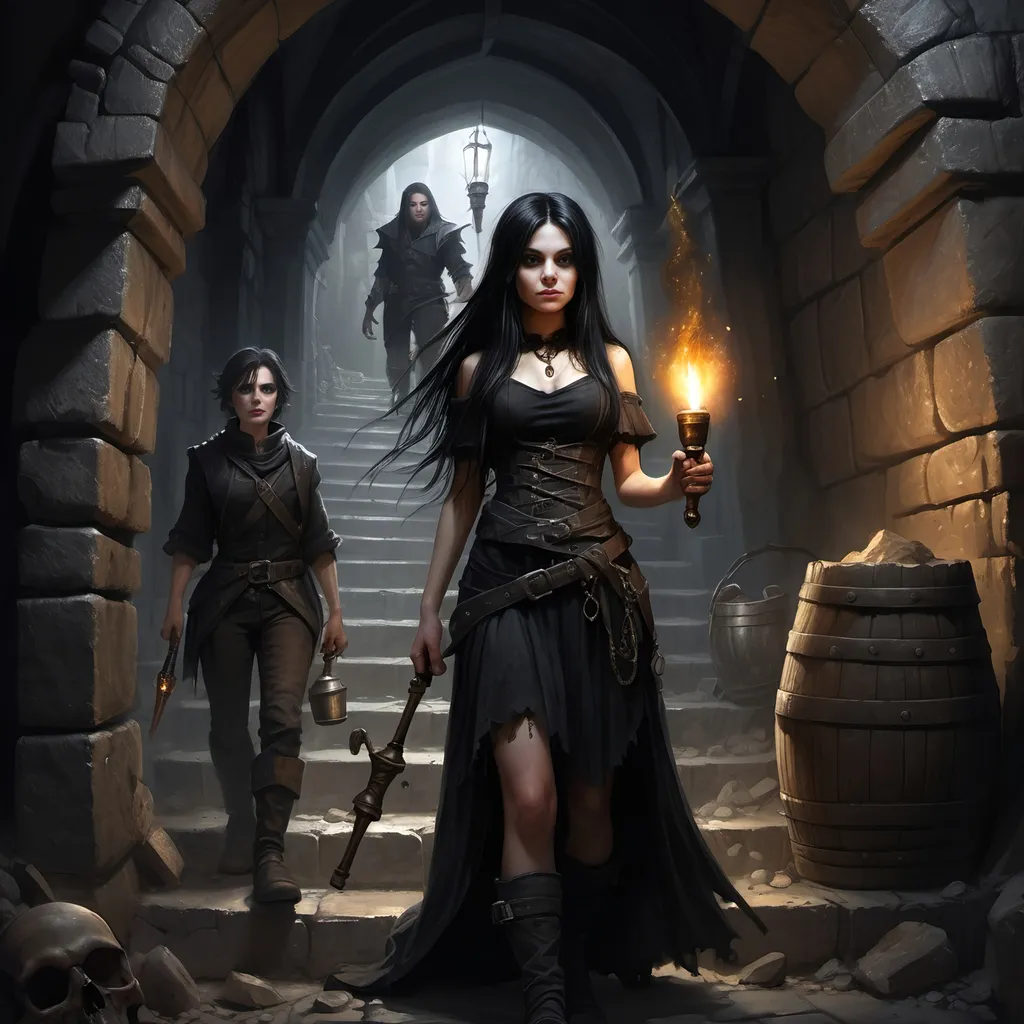 Prompt: A female human with long straight black hair and brown eyes and dressed in black and carrying a lit torch, a male halfling is standing behind her
Gothic, fantasy, dark, menacing, abandoned, dirty narrow ancient stone stairwell covered in dust and cobwebs leading to a stone subcellar/dungeon filled with casks and kegs and debris, and one woman's shoe,
Ultra detail, ultra realism, high definition