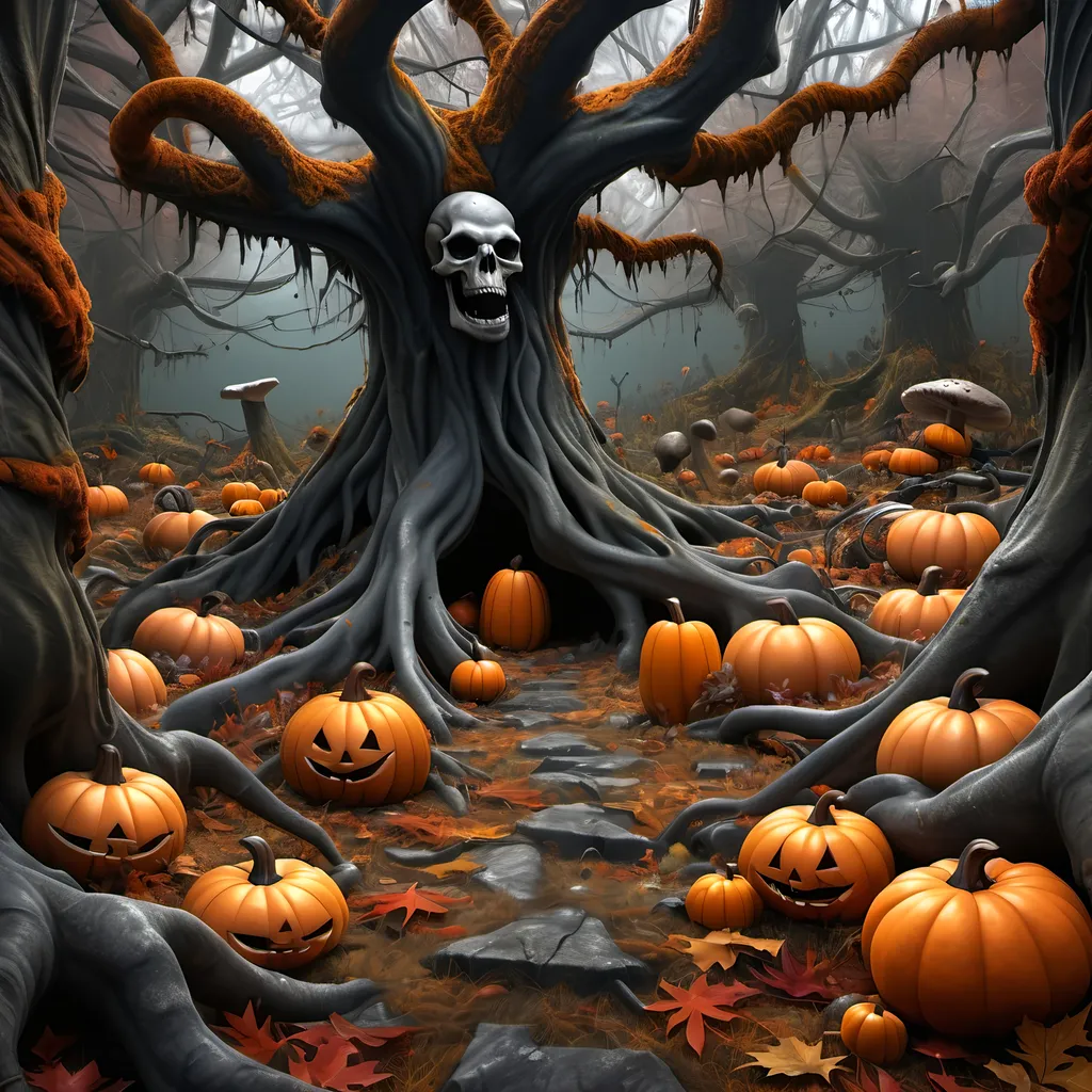 Prompt: Dark, gothic scary, foreboding, menacing, ominous, bright autumn foliage, carpet of brightly colored fallen foliage on the ground, in a twisted and gnarly original growth autumn forest, surrounded by twisted lichen covered roots and Spanish moss hanging from twisted tree limbs and mushrooms and large scary pumpkins with mean faces, ultra detailed, high resolution, gritty realism, boxes of Girl Scout Cookies everywhere.