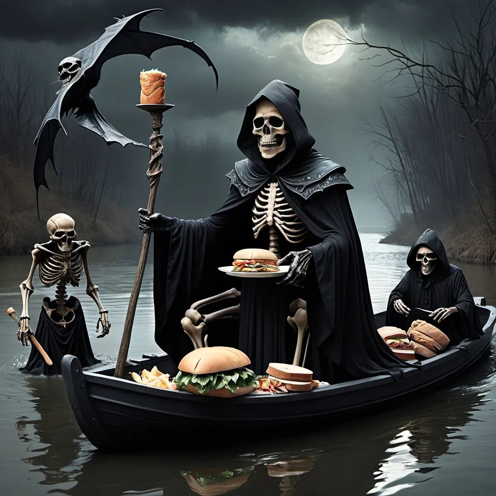 Prompt: (Dark, gothic, infernal, River Styx, Hades;) (Charon, skeletal boat master in a black robe with hood, of the river Styx); escorts a (goblin dressed in ragged dirty clothing who resembles Richard Nixon), to meet with his master on the lower planes, Charon is eating an awesome sandwich that his wife made for him for lunch, and offers a sandwich to the goblin in ratty ragged clothing who resembles Richard Nixon.
Scary, high resolution, ultra detailed, menacing, foreboding, ominous,