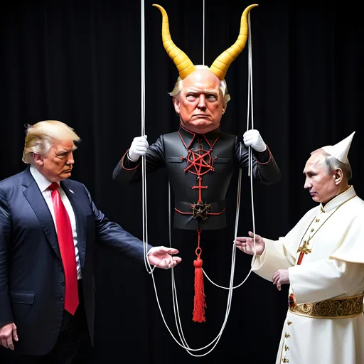 Prompt: Dark,  gothic, demonic, satanic, luciferian; a 'horned Donald Trump puppet on strings' being controlled by a 'horned satan puppet on strings' being controlled by a 'horned pope puppet on strings', being controlled by a 'horned Vladimir Putin puppet on strings', being controlled by Xi of China, who holds ALL THE STRINGS.