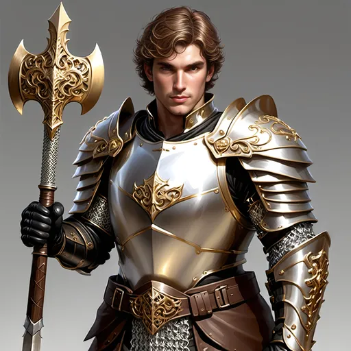 Prompt: [Armando the Golden]
Male paladin, (ultra-detailed) (ultra-realism), brown wavy short cropped hair, rosy cheeks, brown eyes, (bright silver steel breastplate) with (gold inlay and filigree), (shiny steel chainmail shirt), black boots with (sparkling shiny spurs), carrying a huge (double-ended war hammer), dramatic lighting, epic stance, medieval fantasy background, grand atmosphere, (HD quality) pompous, arrogant demeanor and stance, tall, 'broad like a barn', wide shoulders, built like a tank, iconoclastic narcissist.